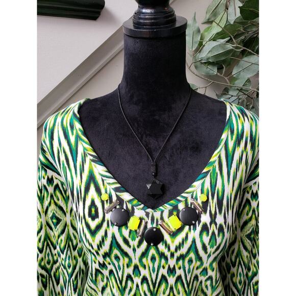 Ruby Rd. Blouse Top Womens 2X Green Printed Beaded V Neck Long Sleeve Pullover - Picture 5 of 12